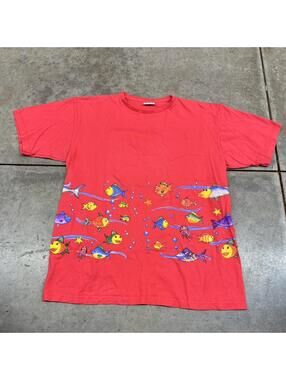 vintage fish wrap around print bright red nature animal shirt size large